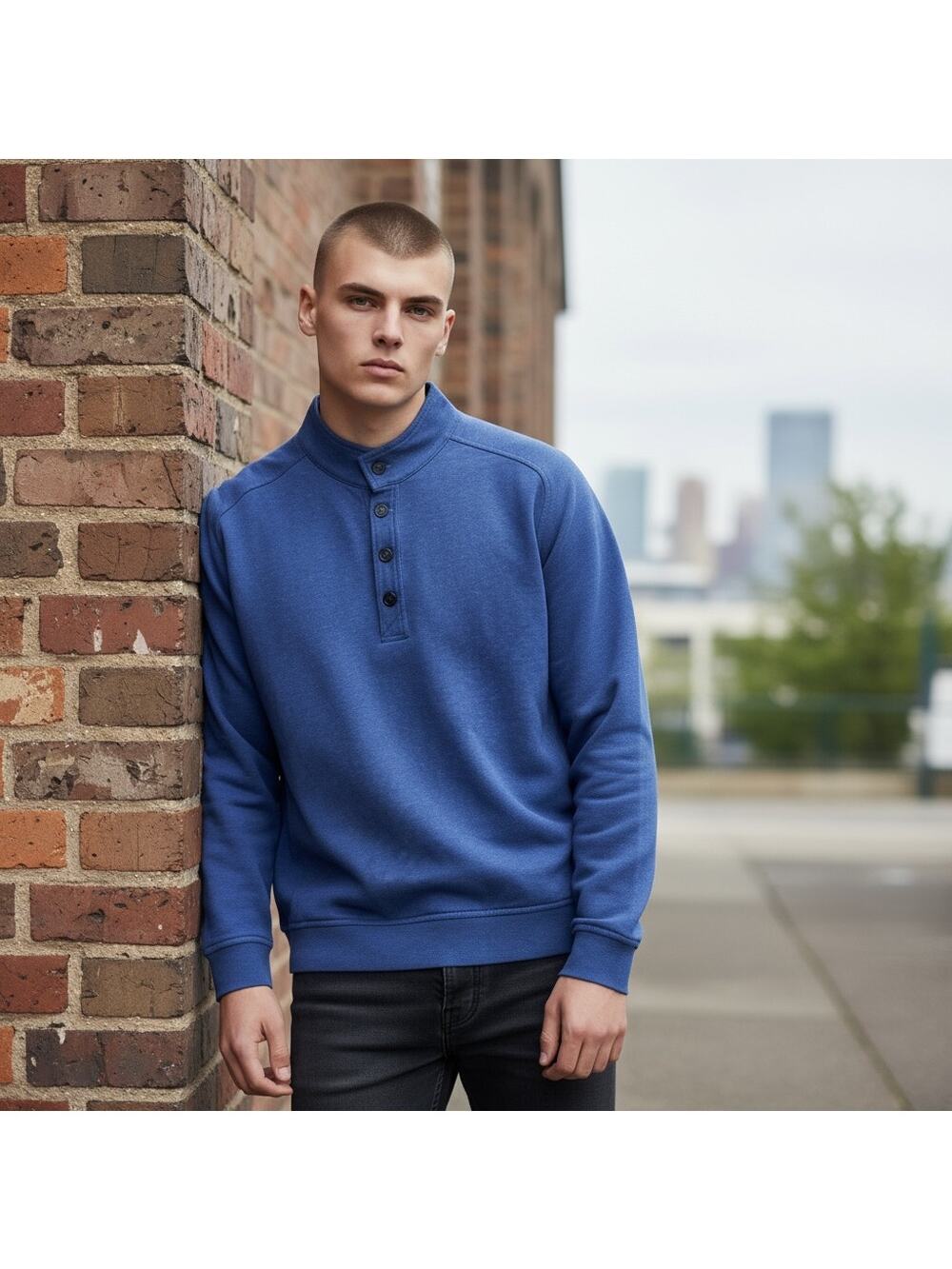 Cutter & Buck Blue Mock Neck Henley Pullover Sweatshirt L Athleisure Americana